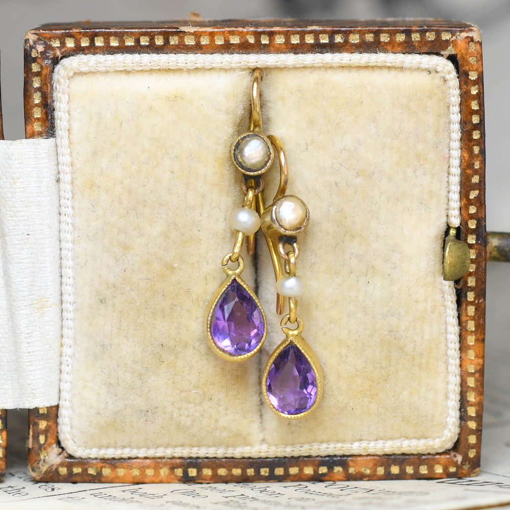 Late Victorian Amethyst & Pearl Drop Earrings