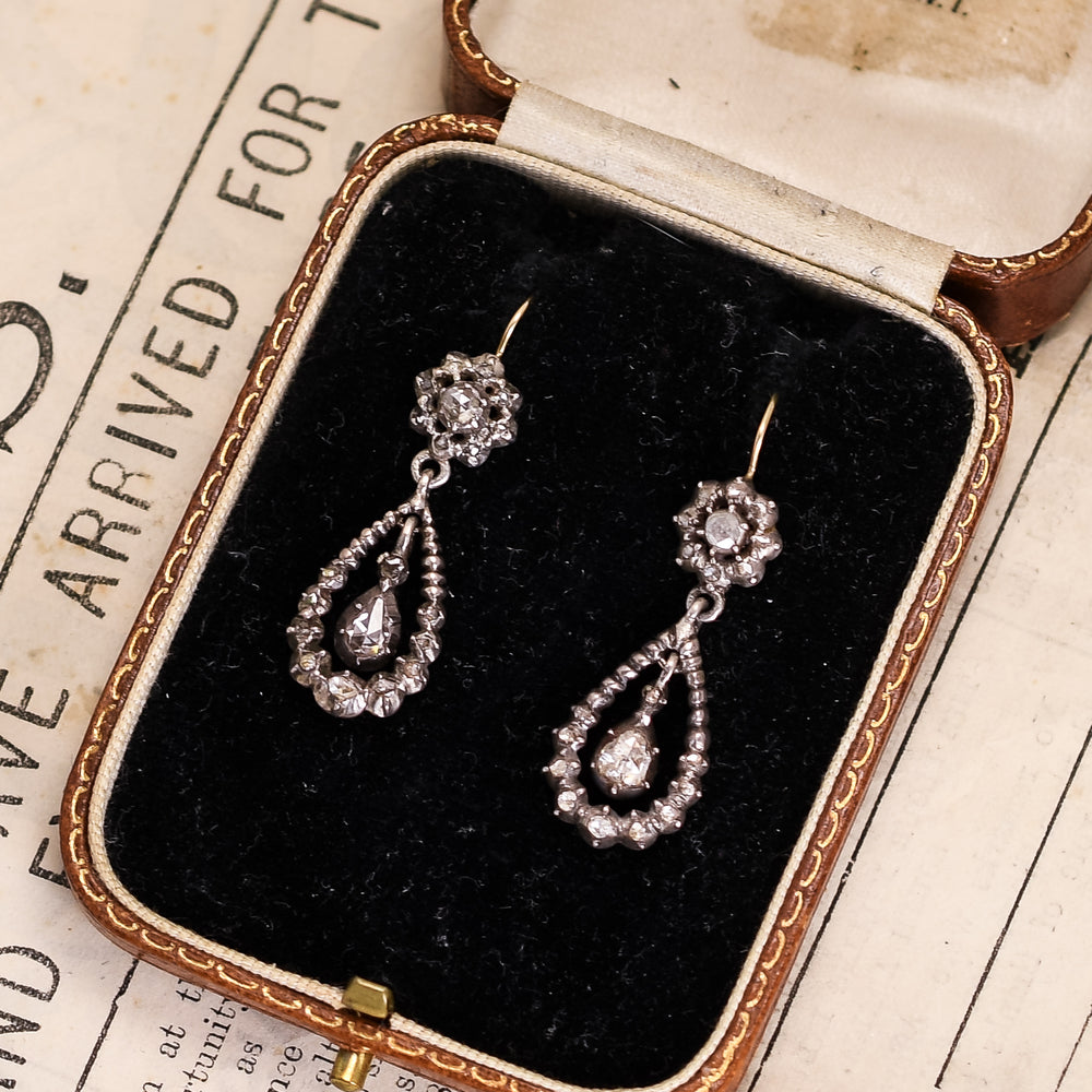 Georgian Diamond Teardrop Cluster Earrings