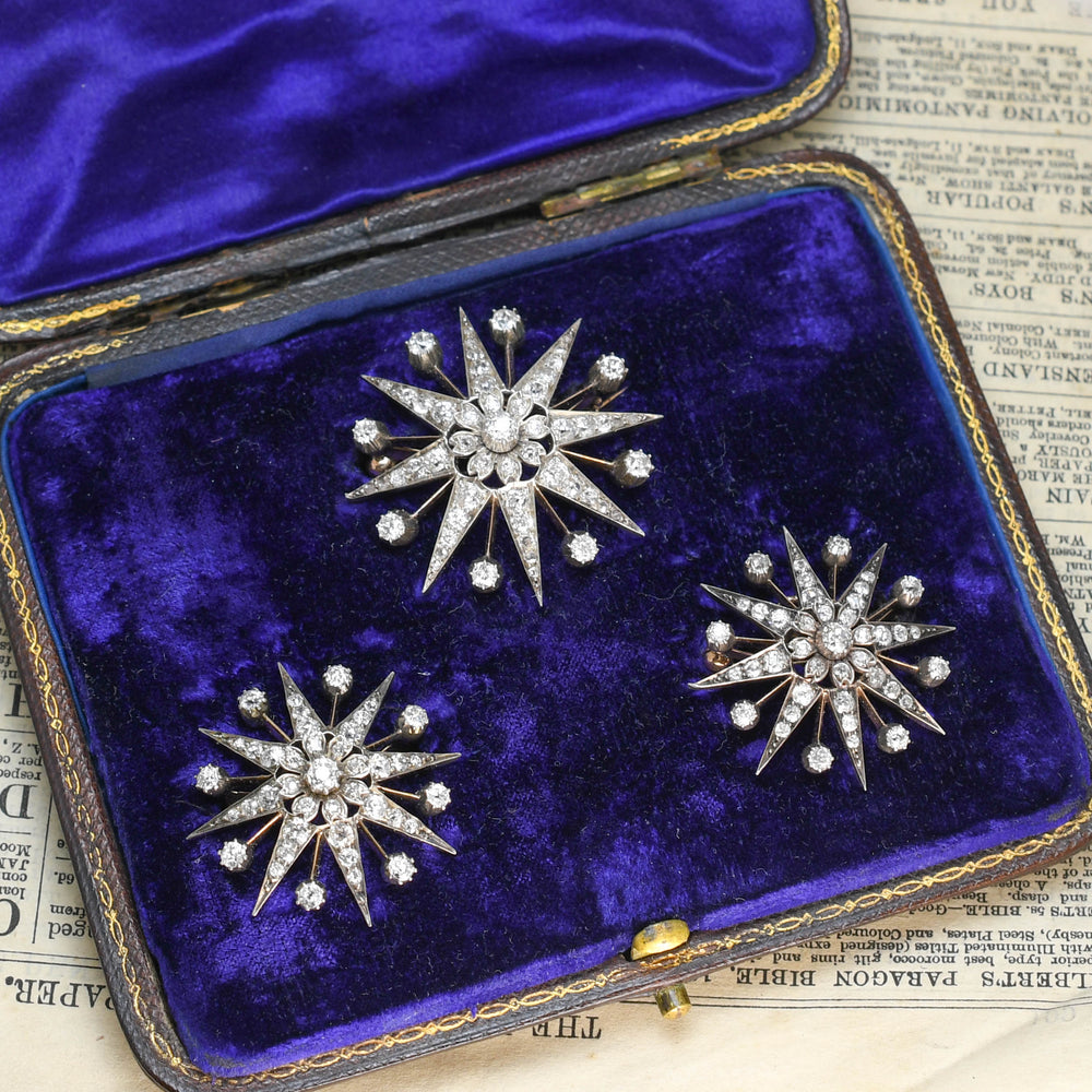 Victorian Diamond Flower Starburst Brooch Set