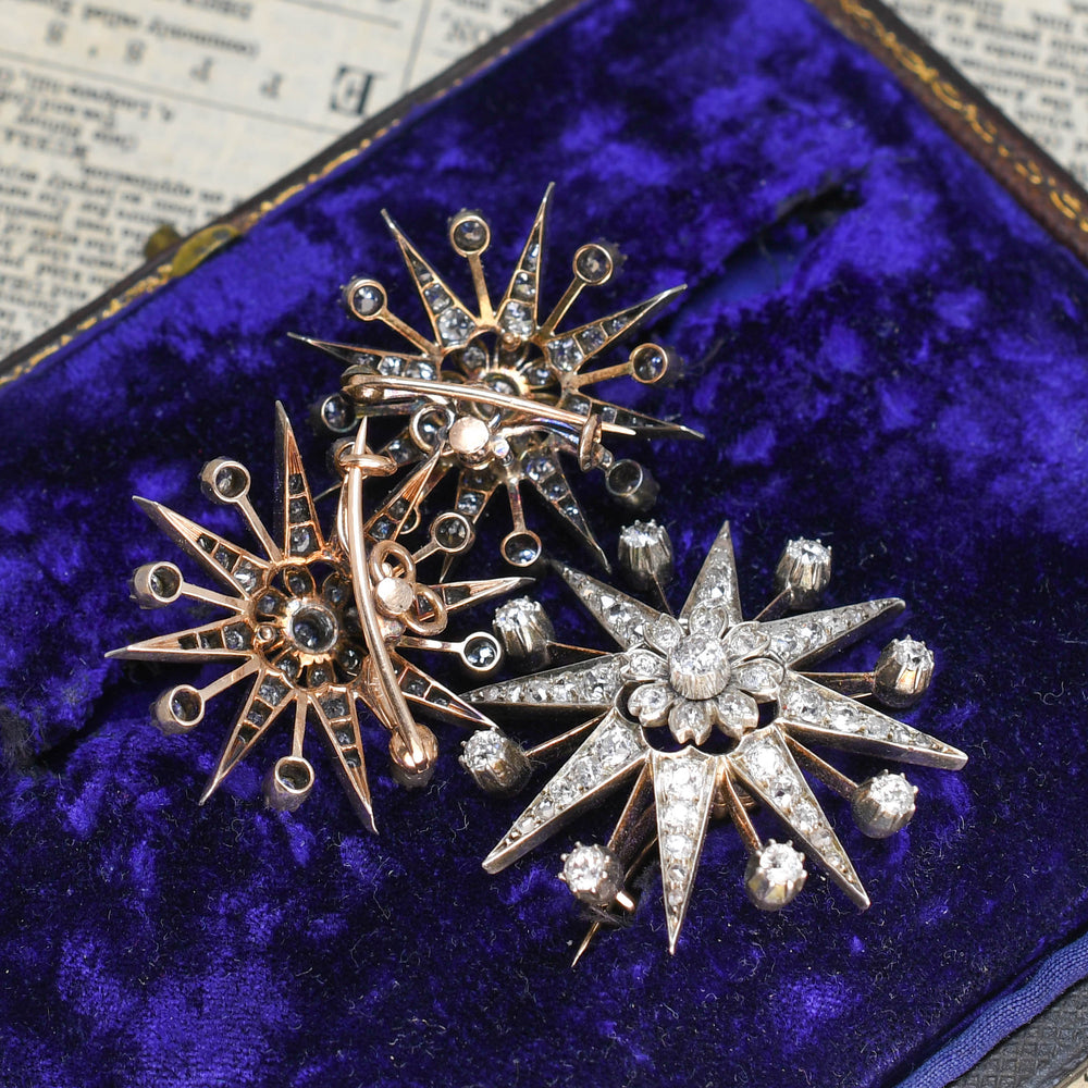 Victorian Diamond Flower Starburst Brooch Set