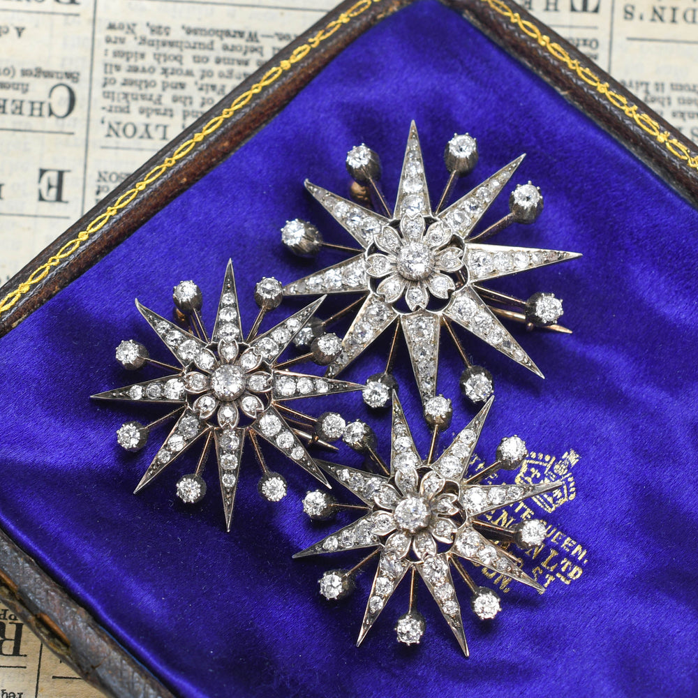 Victorian Diamond Flower Starburst Brooch Set