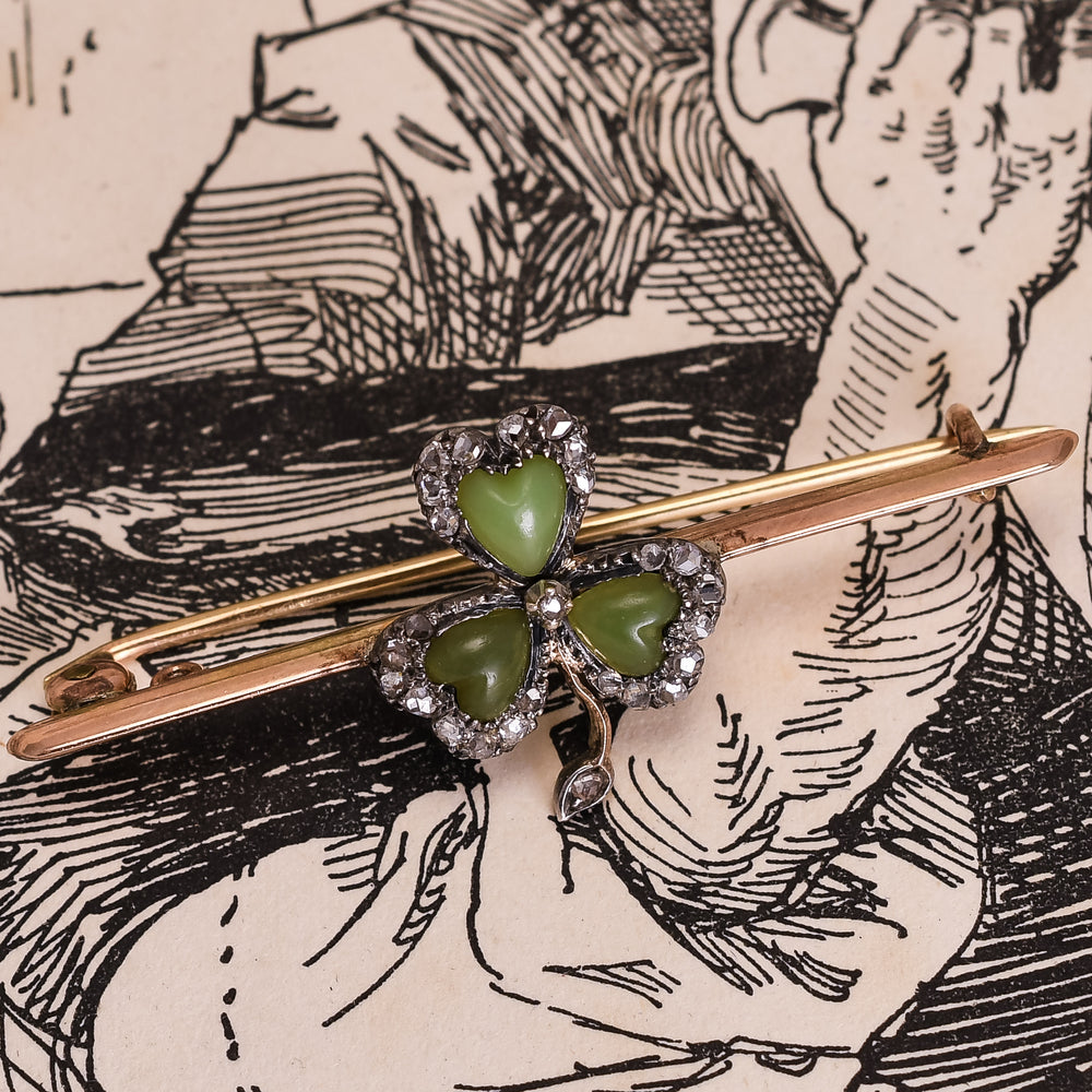 Victorian Jade & Diamond Trefoil Bar Brooch