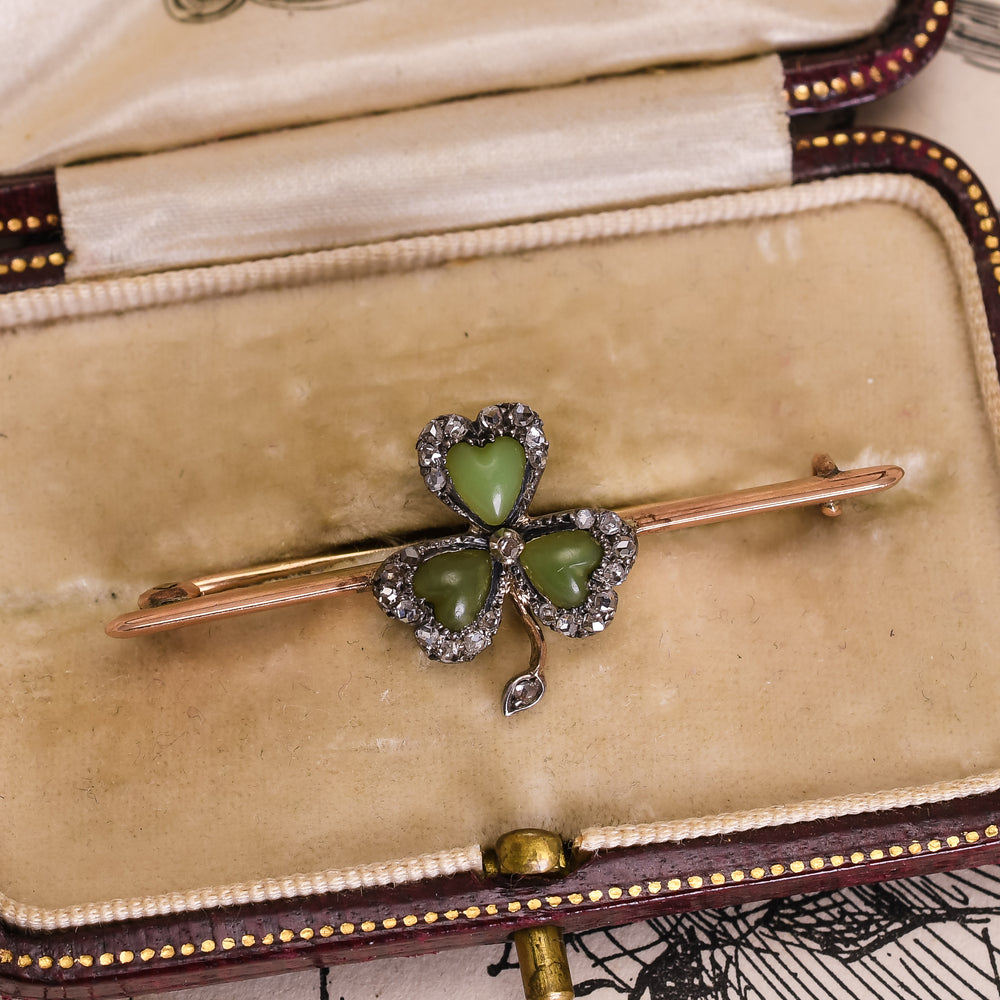 Victorian Jade & Diamond Trefoil Bar Brooch