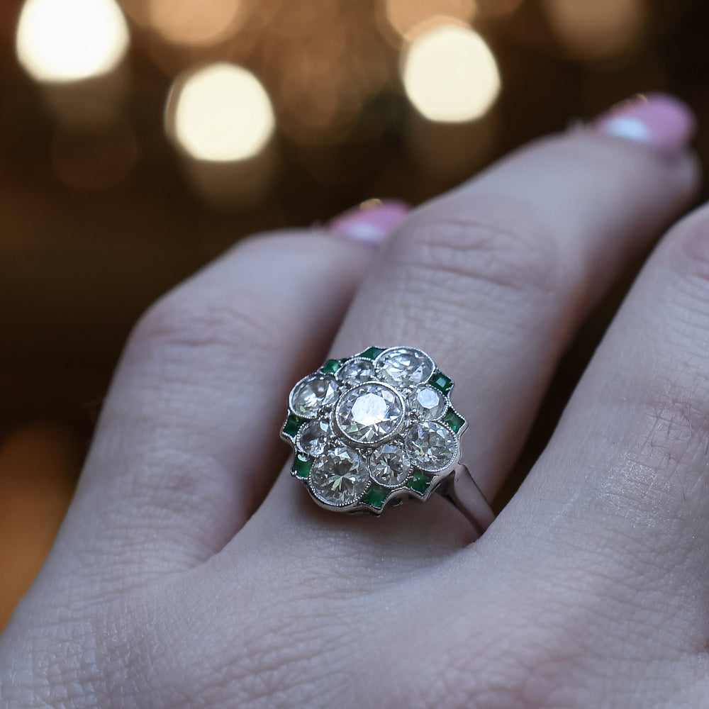 Art Deco Diamond & Emerald Cluster Ring