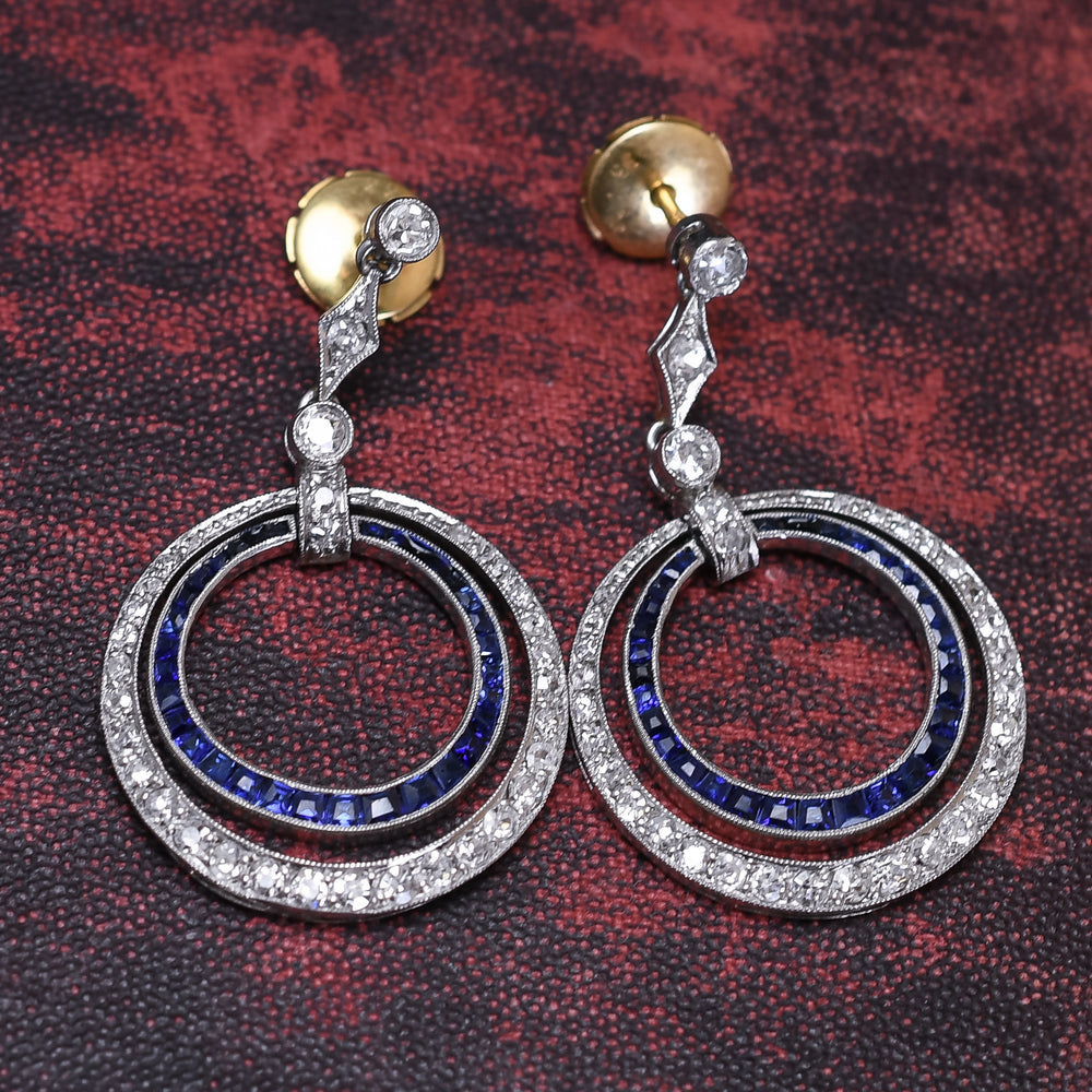Edwardian Platinum French Sapphire & Diamond Drop Earrings