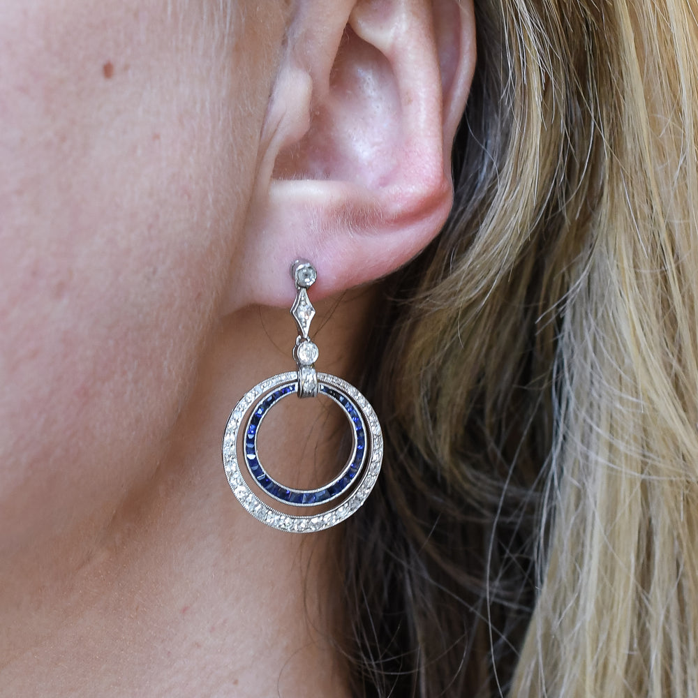 Edwardian Platinum French Sapphire & Diamond Drop Earrings