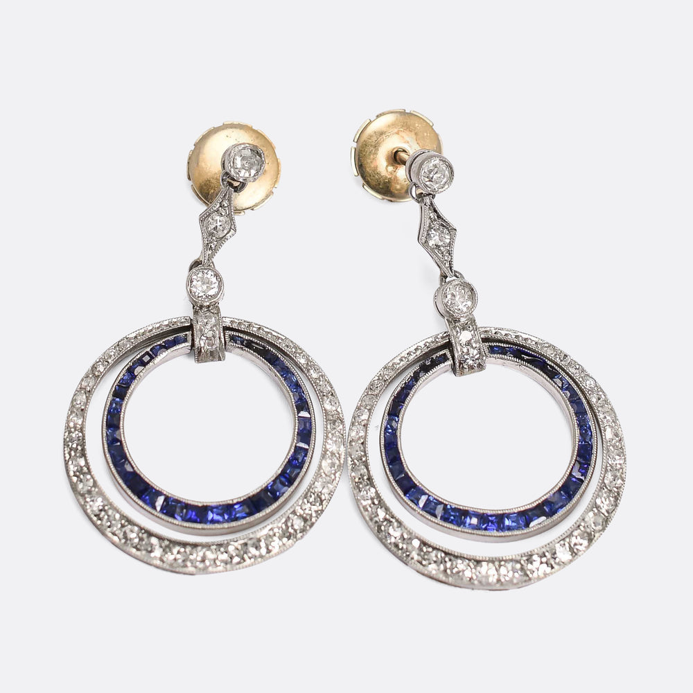 Edwardian Platinum French Sapphire & Diamond Drop Earrings