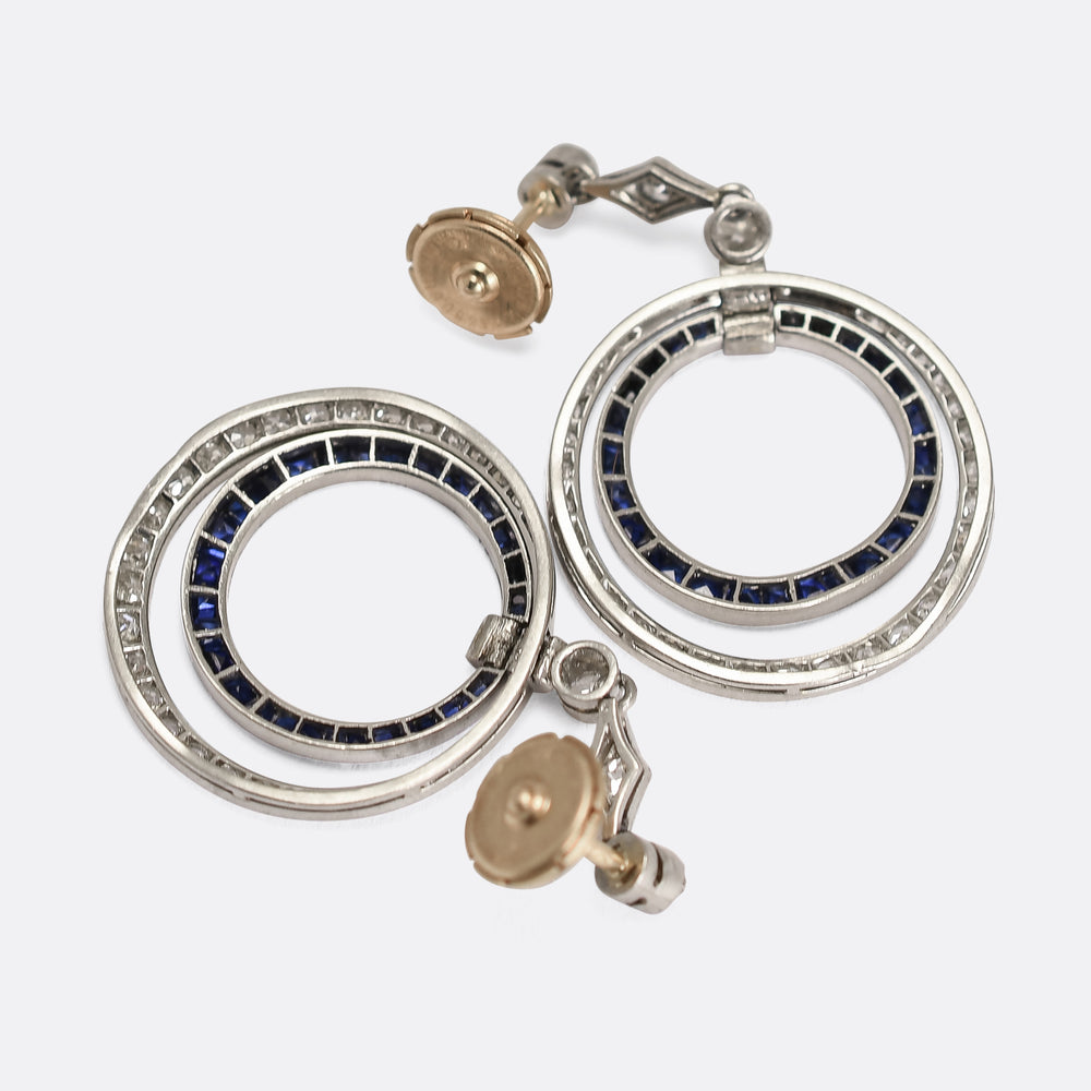 Edwardian Platinum French Sapphire & Diamond Drop Earrings