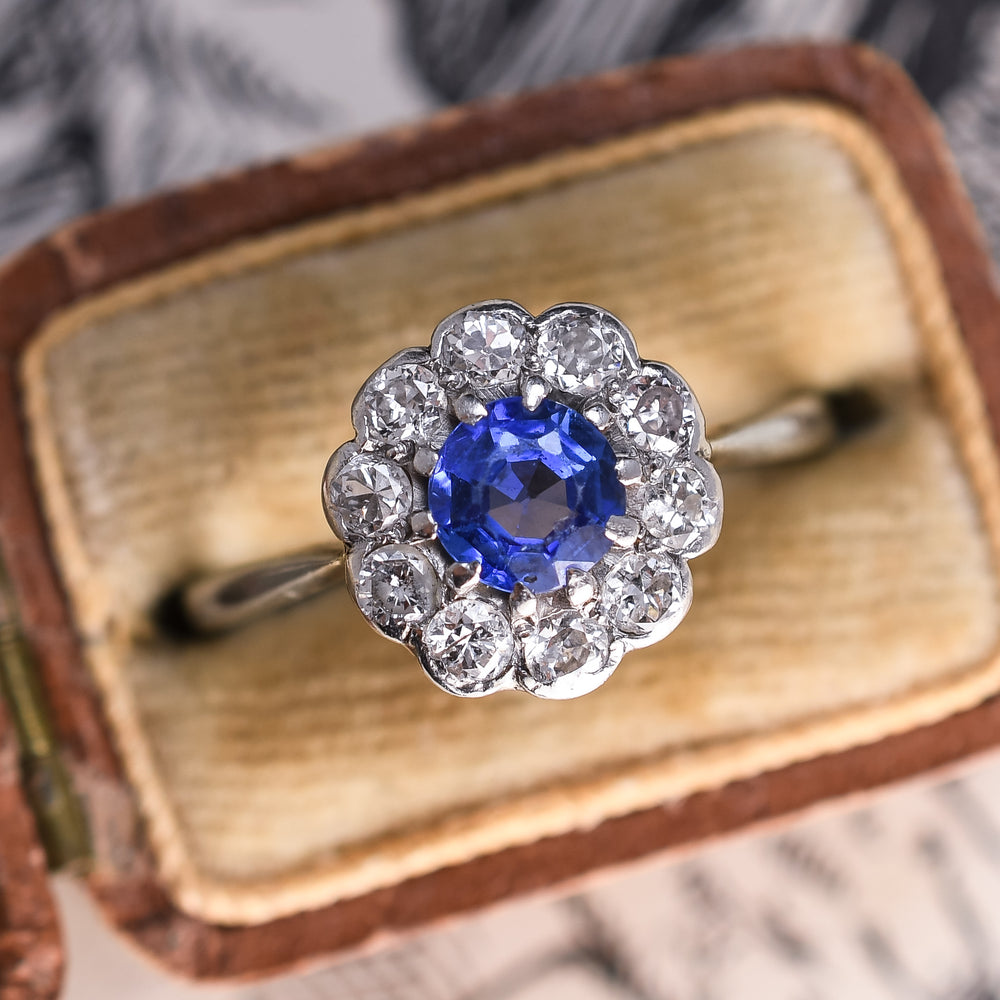 Edwardian Ceylon Sapphire & Diamond Cluster Ring