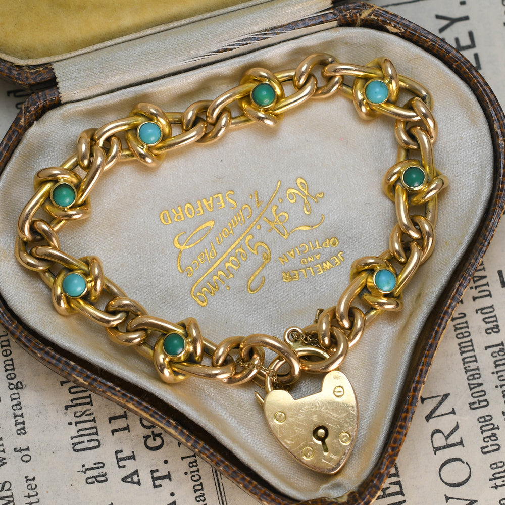 Edwardian Turquoise Curb-Link Heart Padlock Bracelet