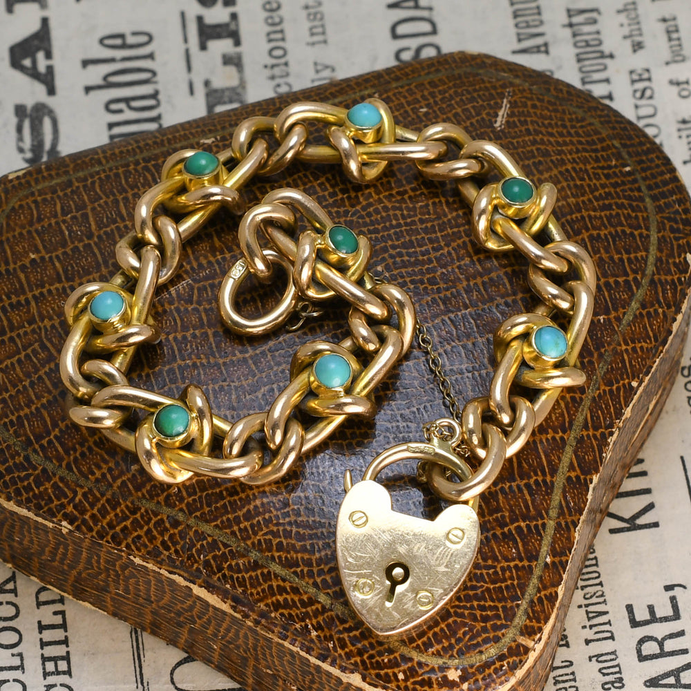 Edwardian Turquoise Curb-Link Heart Padlock Bracelet