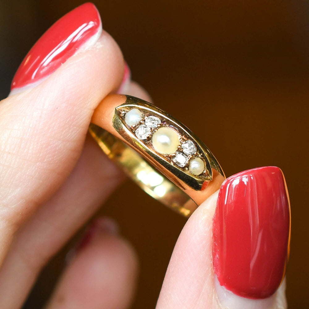 Late Victorian Diamond & Pearl Cluster Band Ring