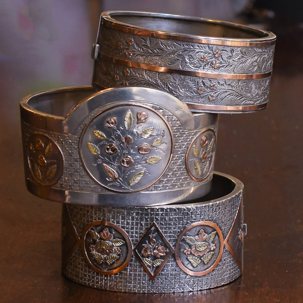 Set of Three Victorian Silver Cuff Bangles with Rose Gold Inlay