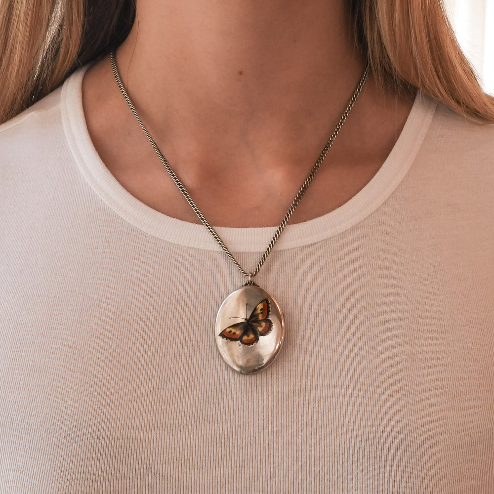 Victorian Silver Butterfly Locket & Chain