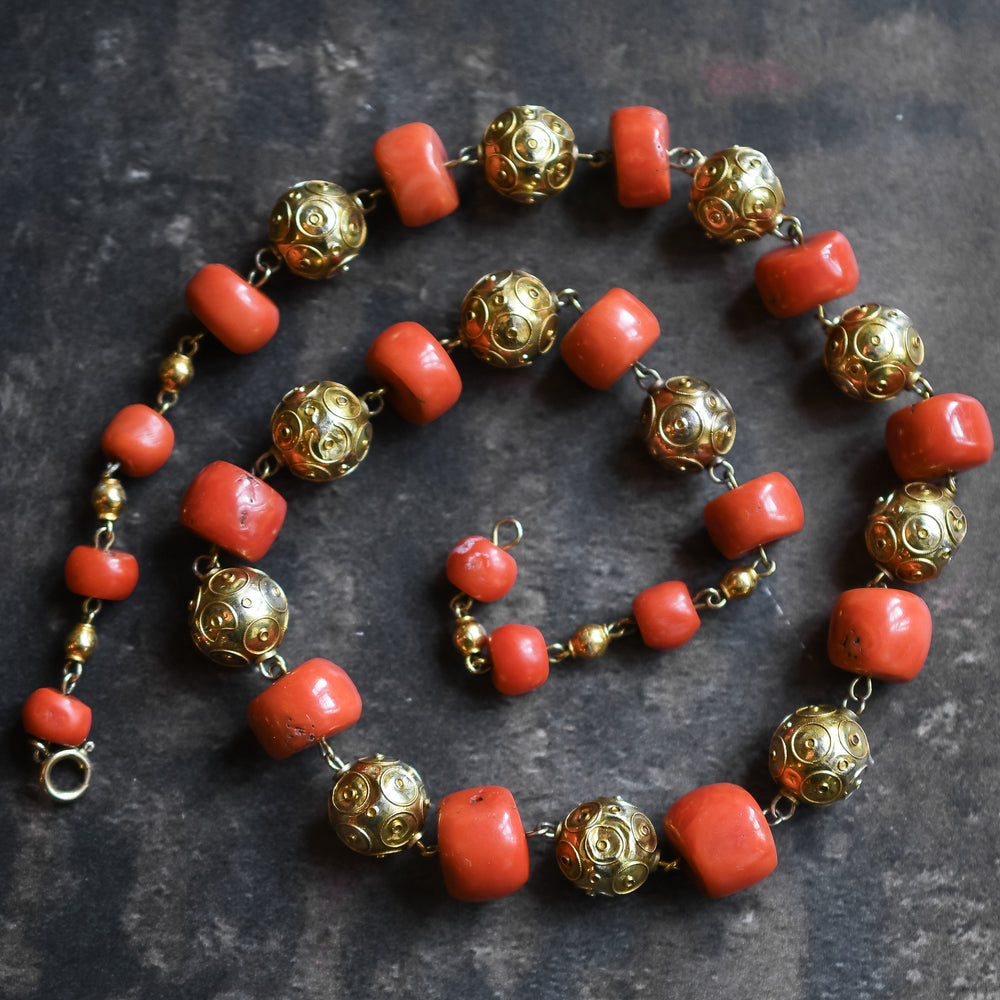 Victorian Etruscan Revival Coral & Gold Bead Necklace