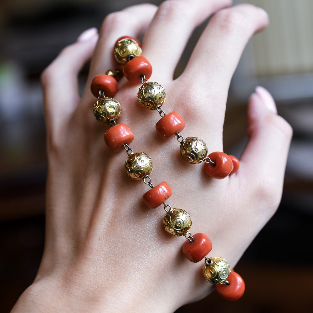 Victorian Etruscan Revival Coral & Gold Bead Necklace