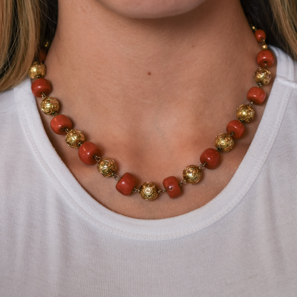 Victorian Etruscan Revival Coral & Gold Bead Necklace