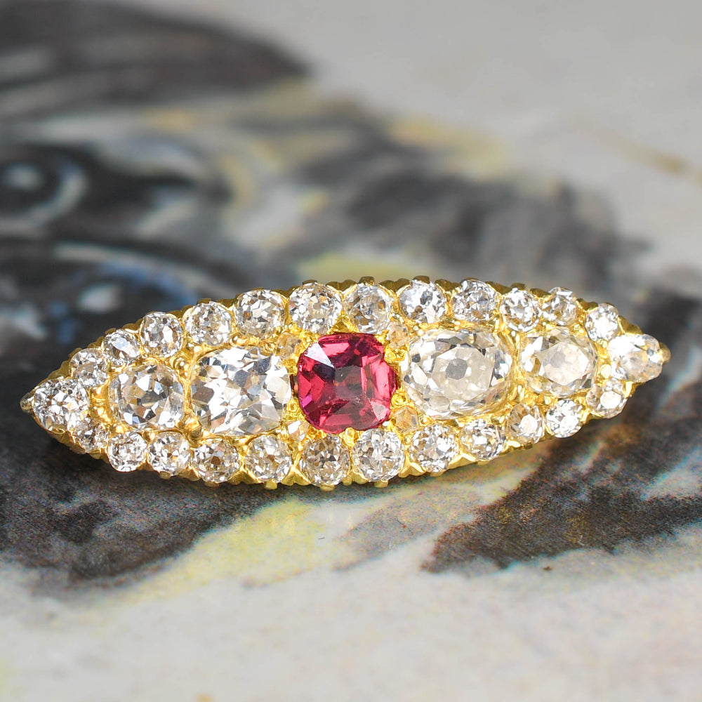 Victorian Ruby & Diamond Cluster Navette Brooch