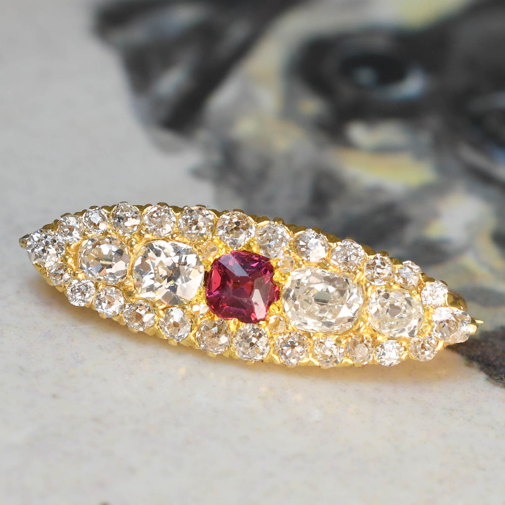 Victorian Ruby & Diamond Cluster Navette Brooch