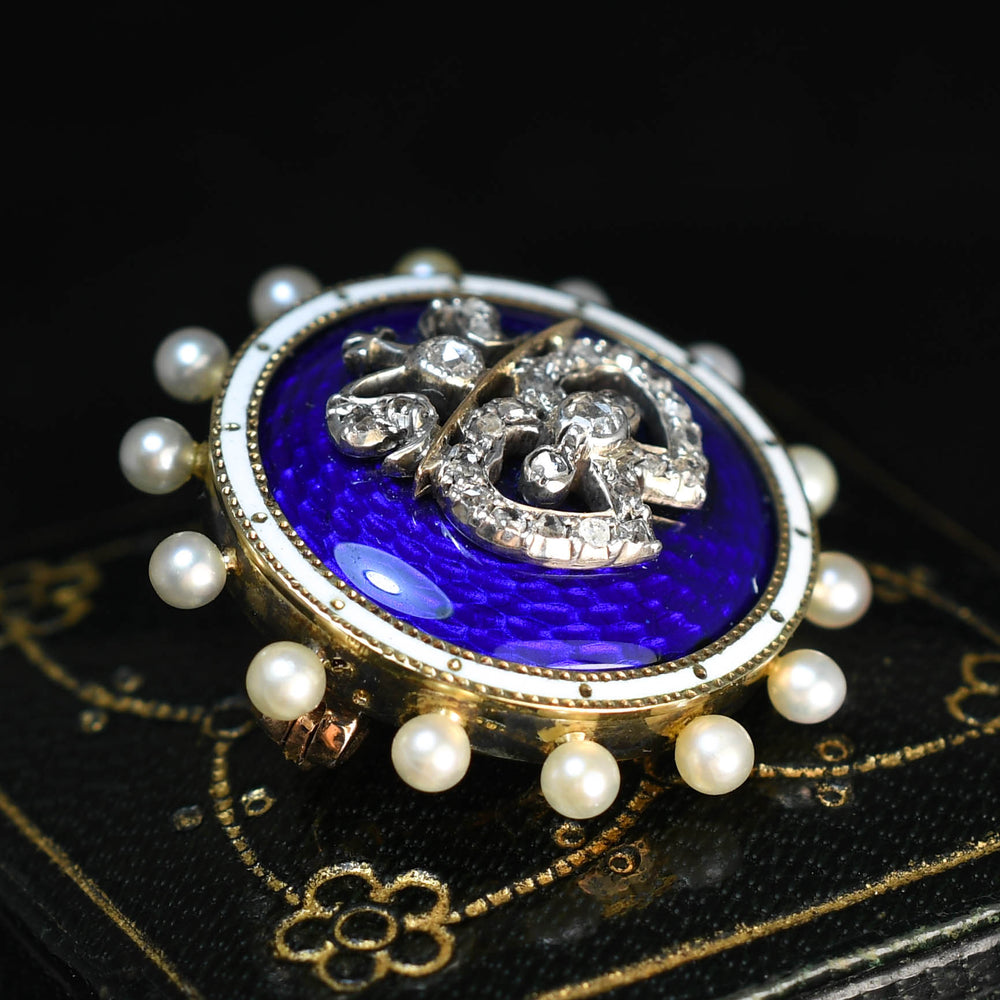 Victorian Diamond, Pearl & Enamel Intertwined Heart Brooch
