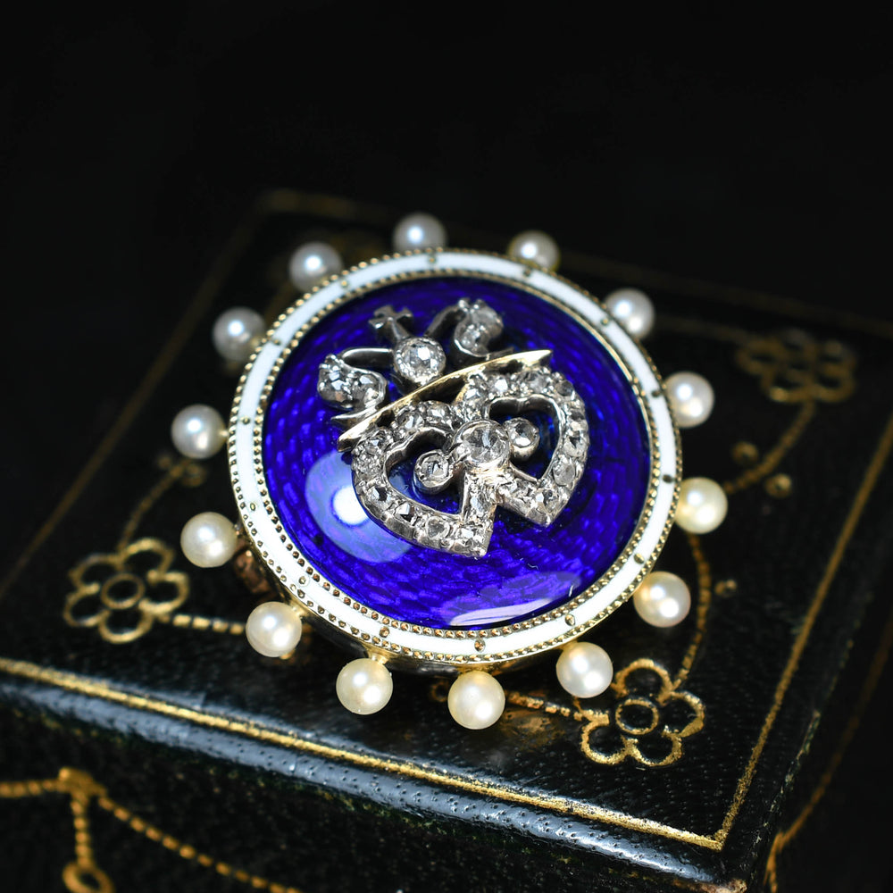 Victorian Diamond, Pearl & Enamel Intertwined Heart Brooch