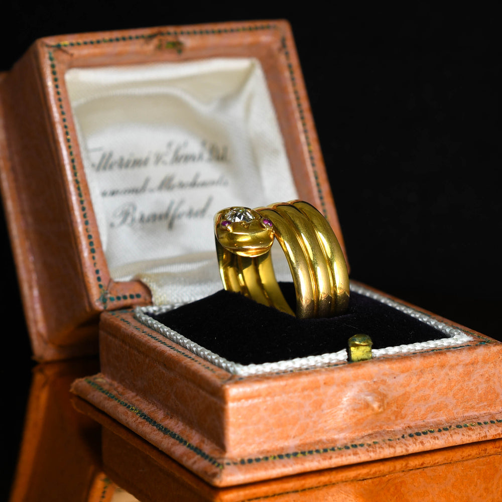 Victorian 0.75ct Diamond & Ruby Coiled Snake Ring