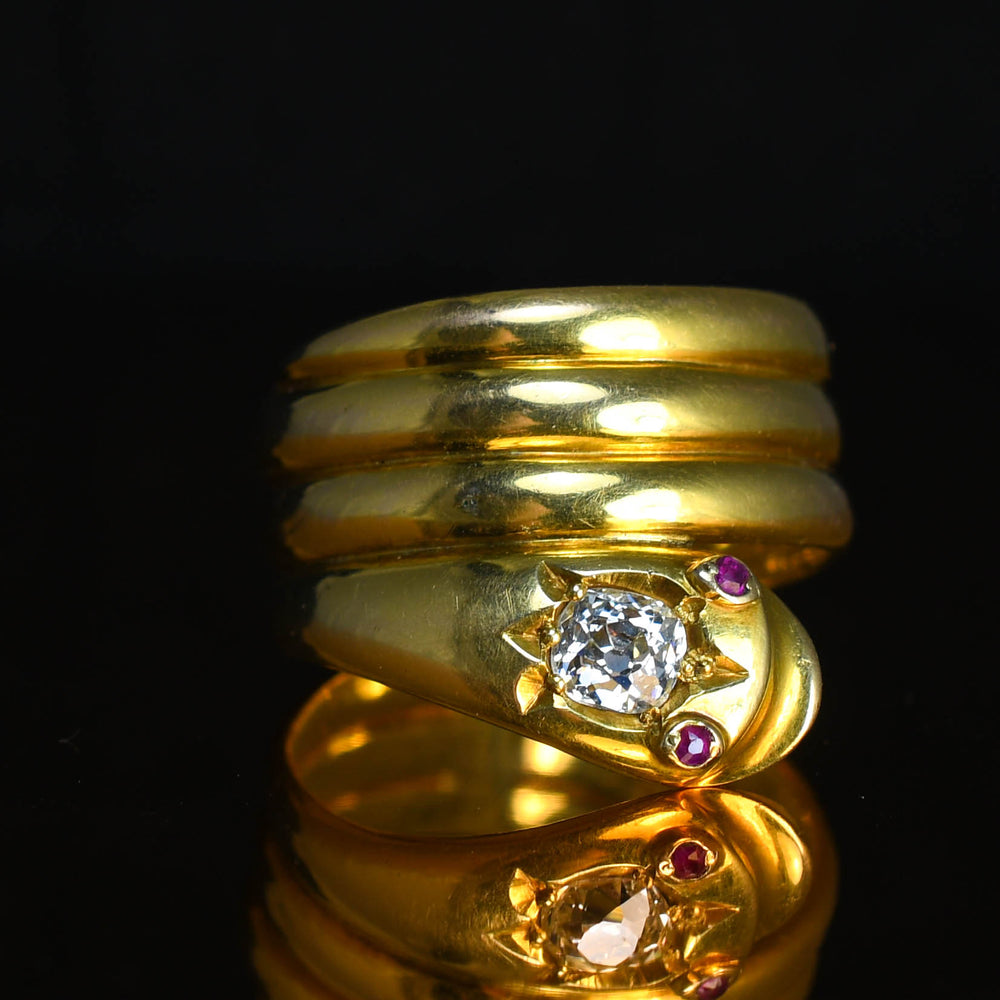 Victorian 0.75ct Diamond & Ruby Coiled Snake Ring