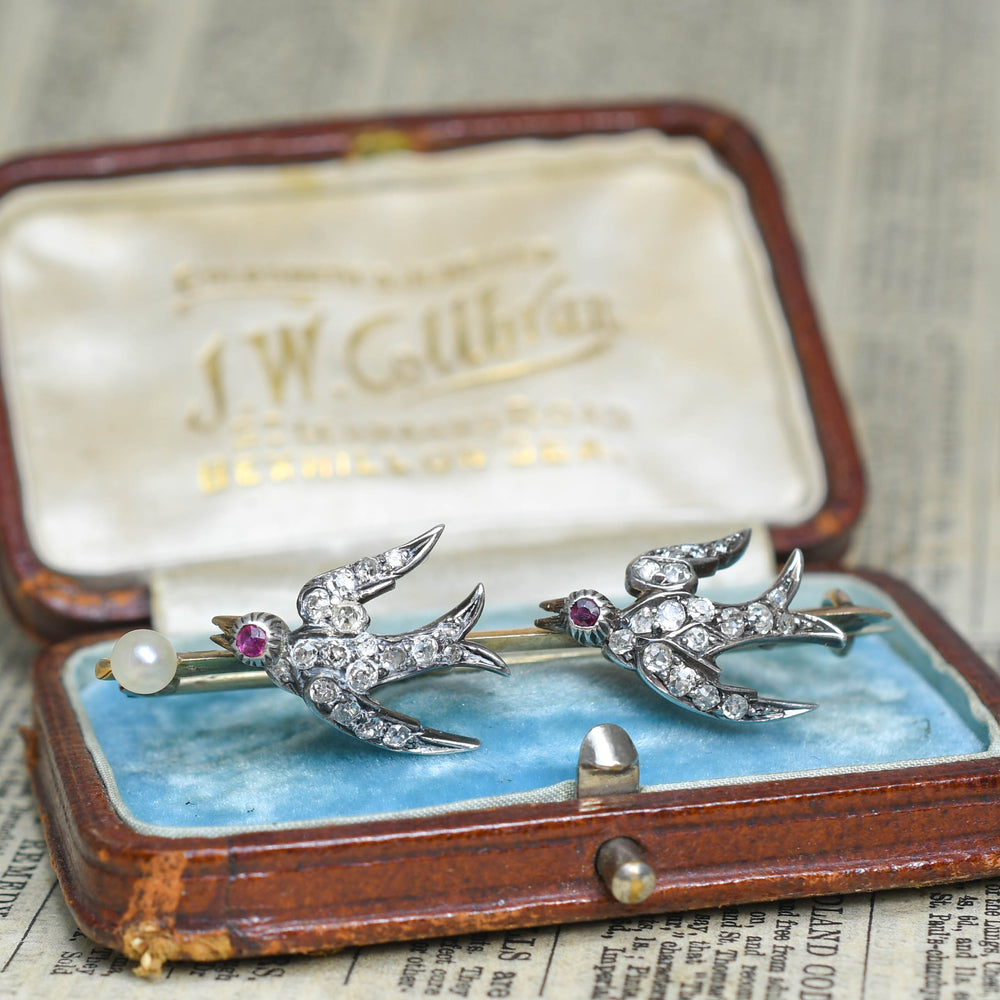 Victorian Diamond, Ruby & Pearl Swallow Brooch