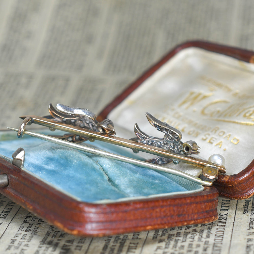Victorian Diamond, Ruby & Pearl Swallow Brooch