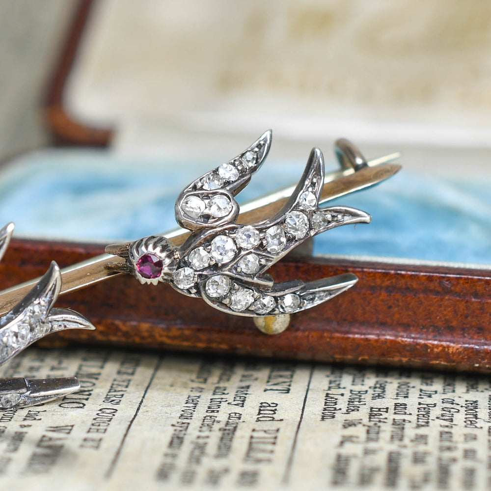 Victorian Diamond, Ruby & Pearl Swallow Brooch