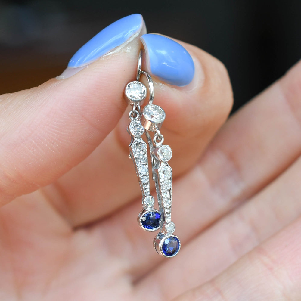 Edwardian Sapphire & Diamond Platinum Drop Earrings