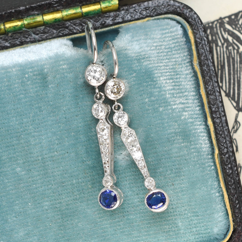 Edwardian Sapphire & Diamond Platinum Drop Earrings