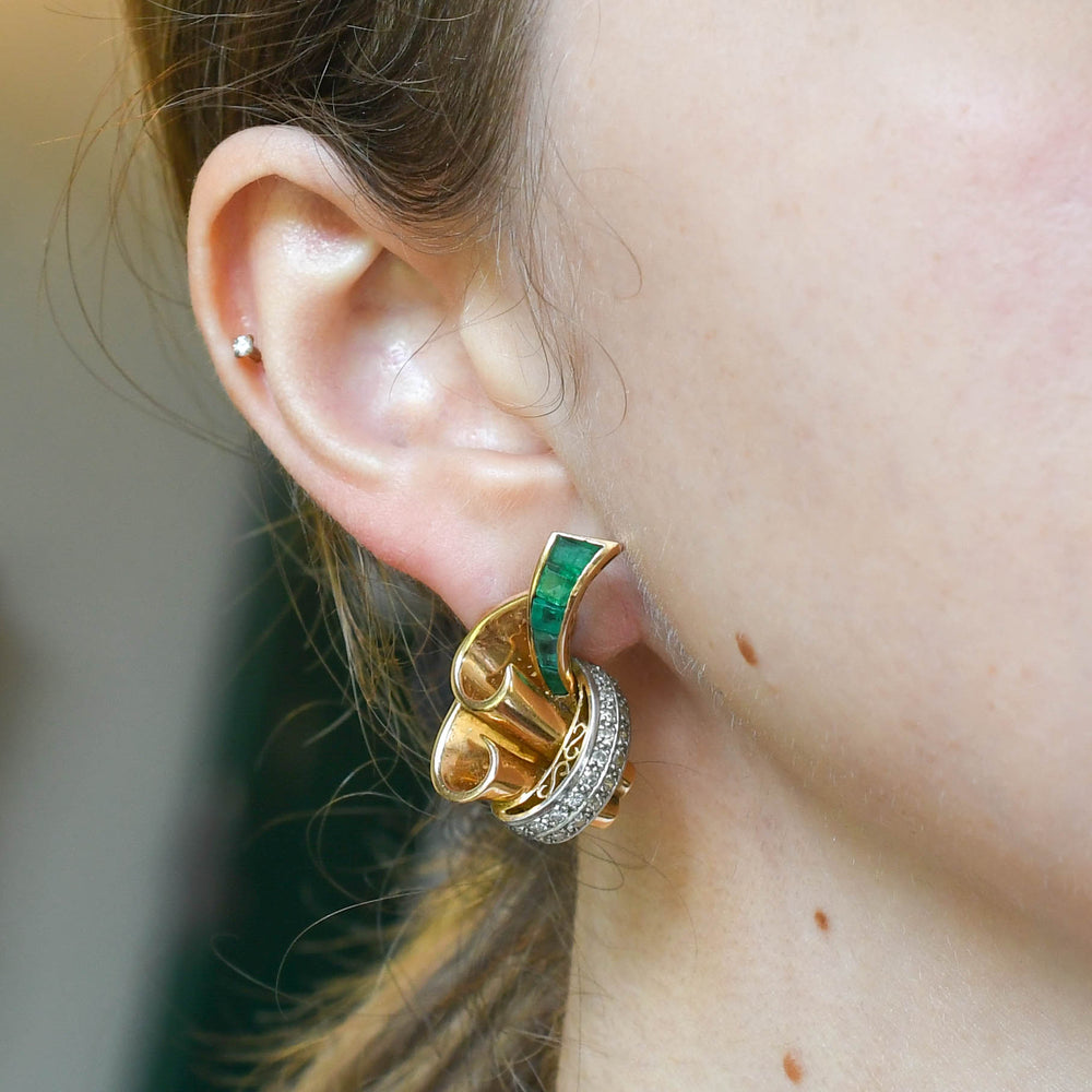 1940's Emerald & Diamond Abstract Earrings