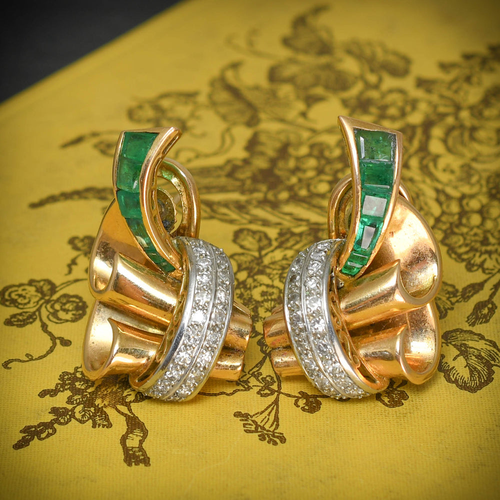 1940's Emerald & Diamond Abstract Earrings
