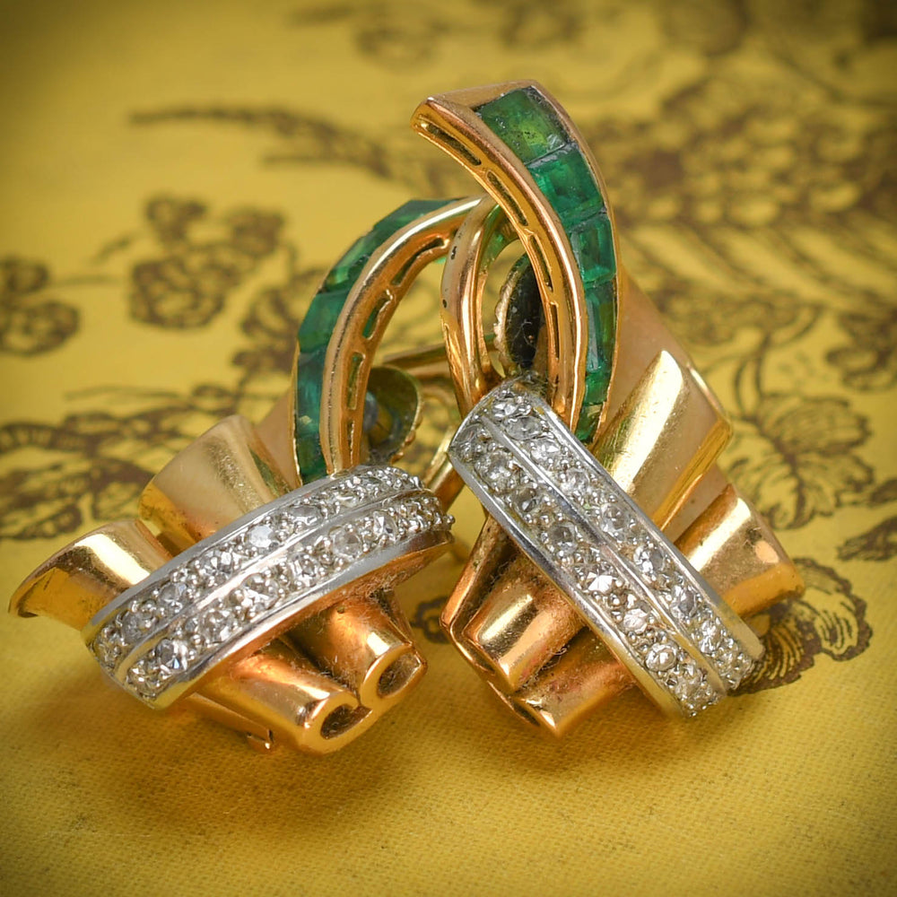 1940's Emerald & Diamond Abstract Earrings