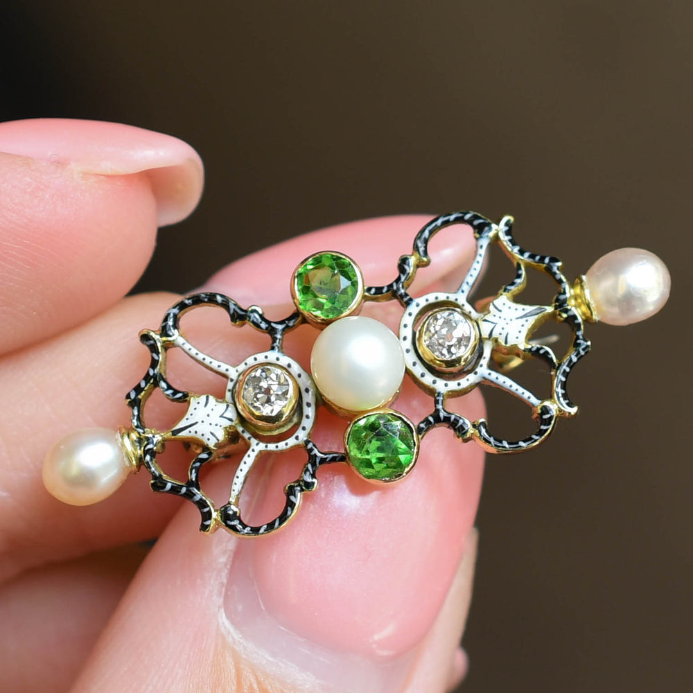 Victorian Demantoid Garnet, Pearl & Diamond Brooch
