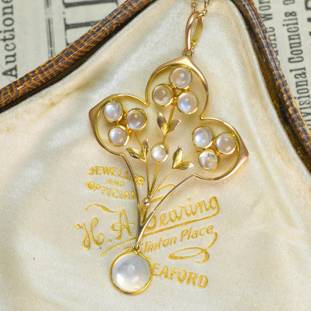 Art Nouveau Moonstone Flower Lavaliere Pendant