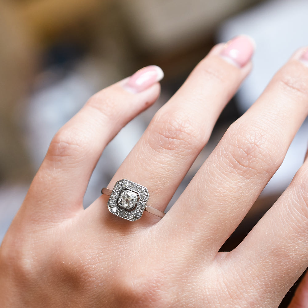Art Deco Diamond Square Halo Cluster Ring