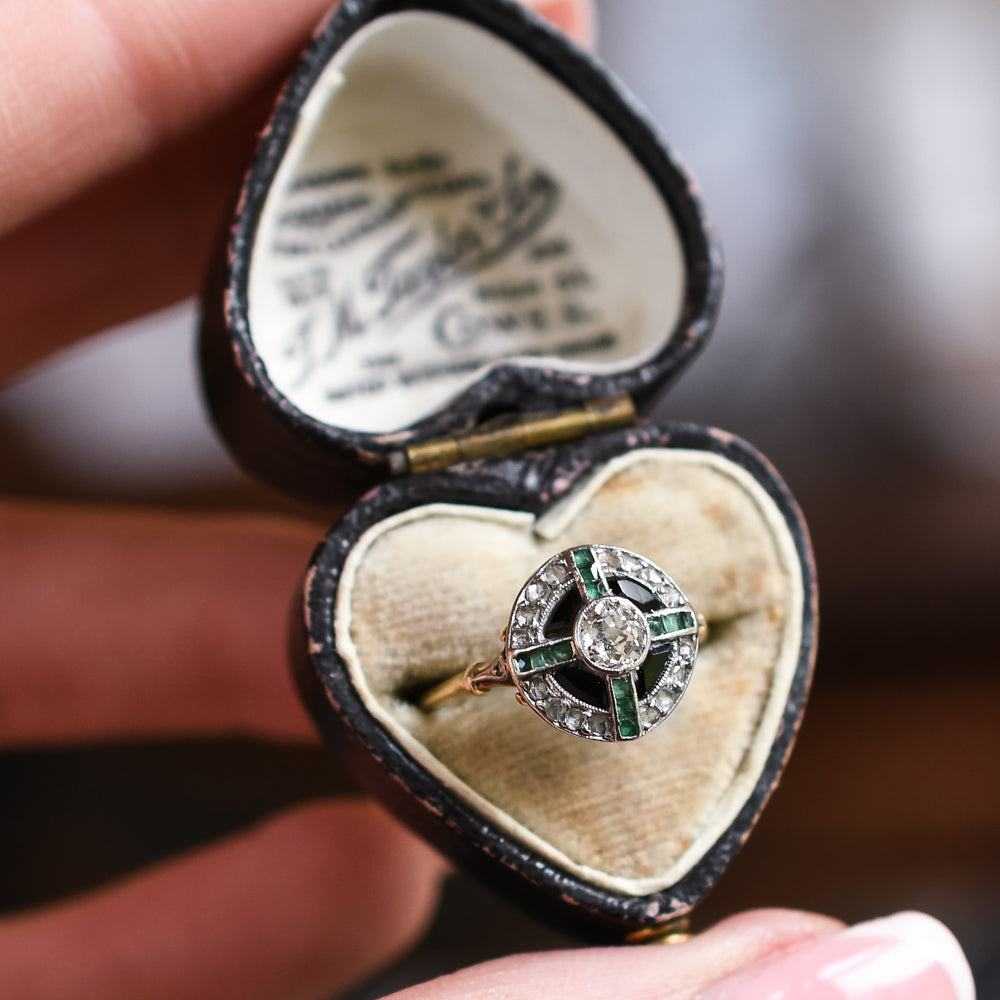 Edwardian Diamond Emerald and Onyx Target Ring