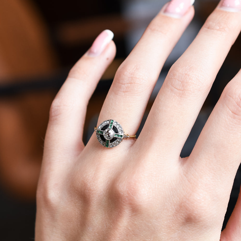 Edwardian Diamond Emerald and Onyx Target Ring