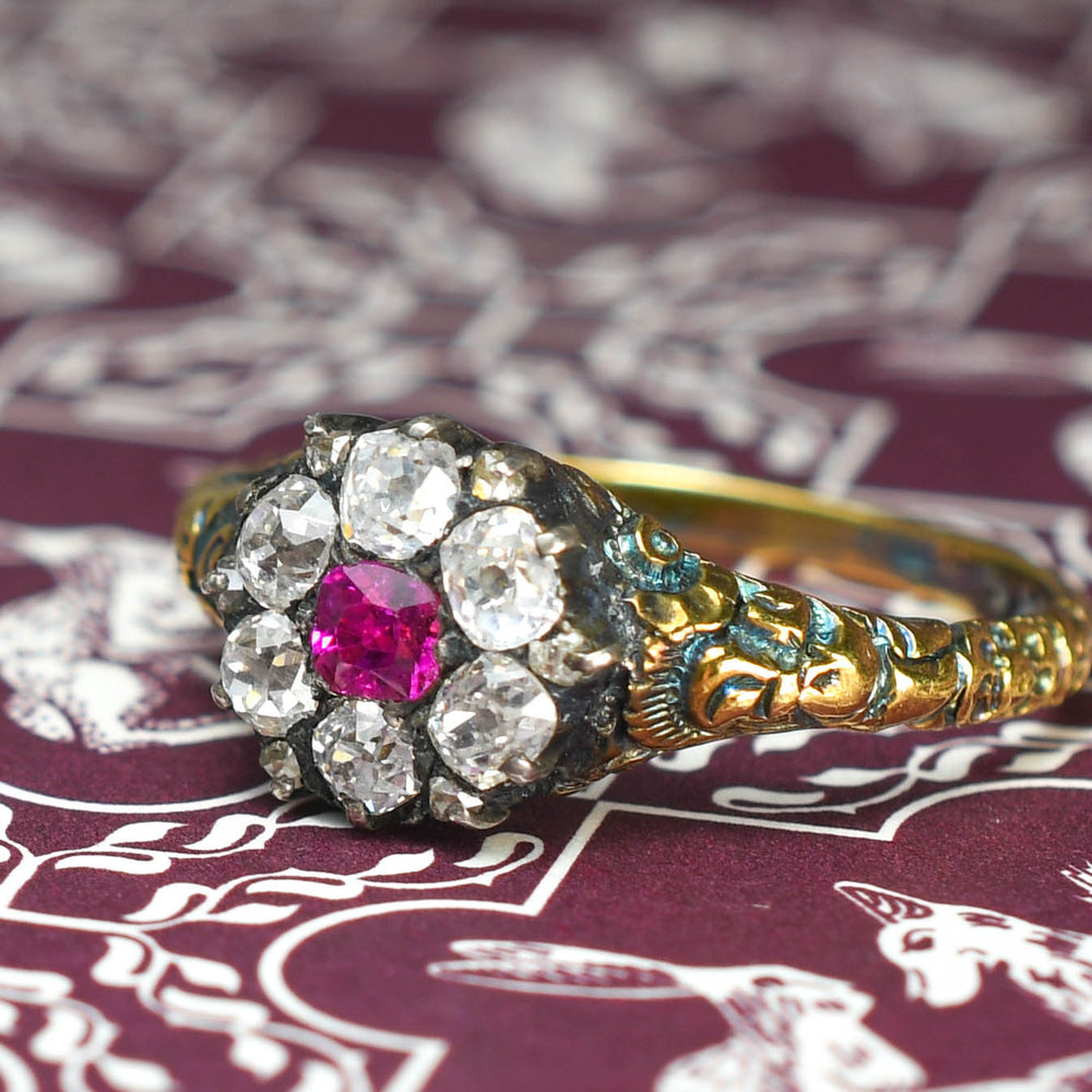 Georgian Burma Ruby & Diamond Enamel Cluster Ring