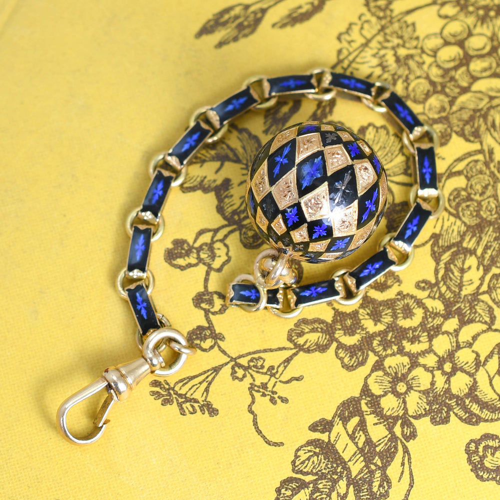 Antique 18k Gold & Enamel Orb Fob & Chain