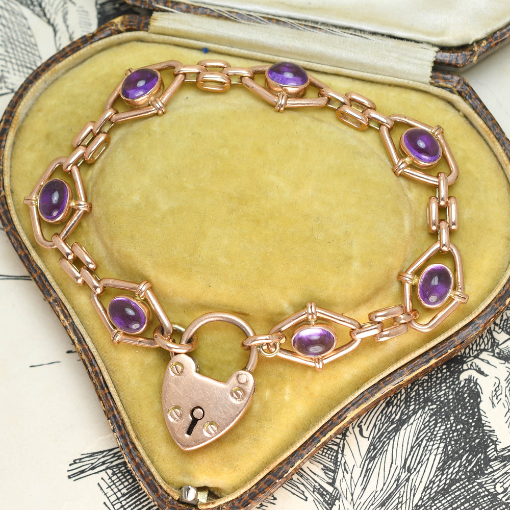 Edwardian Amethyst Fancy-Link Bracelet with Heart Padlock Clasp