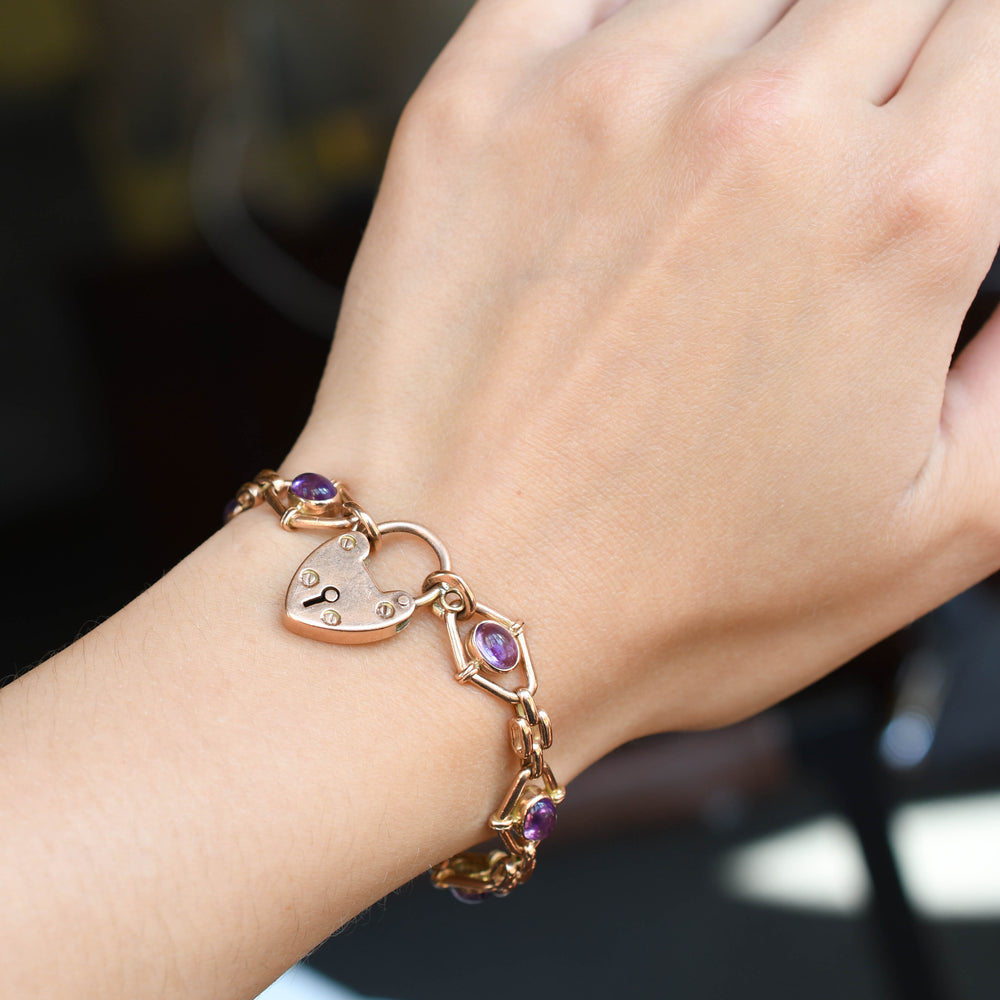 Edwardian Amethyst Fancy-Link Bracelet with Heart Padlock Clasp