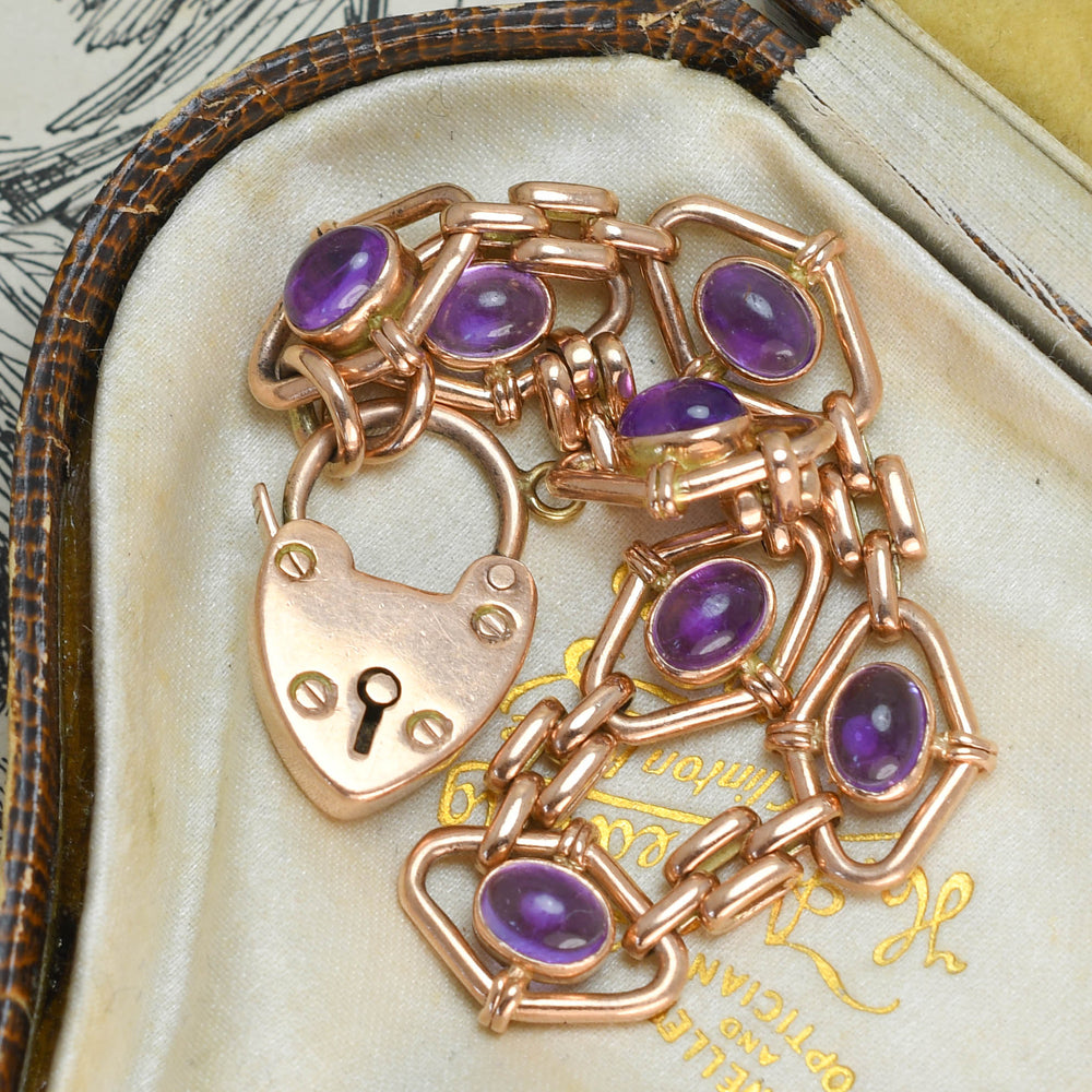 Edwardian Amethyst Fancy-Link Bracelet with Heart Padlock Clasp