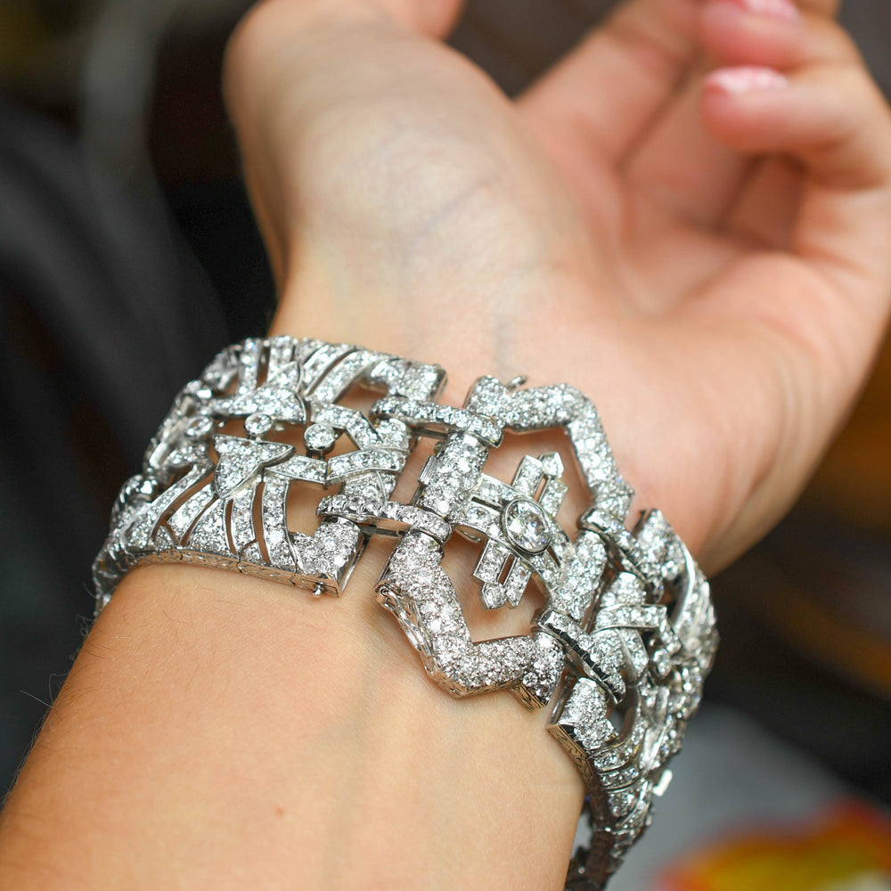 Antique French Deco 30.94ct Diamond Platinum Statement Bracelet