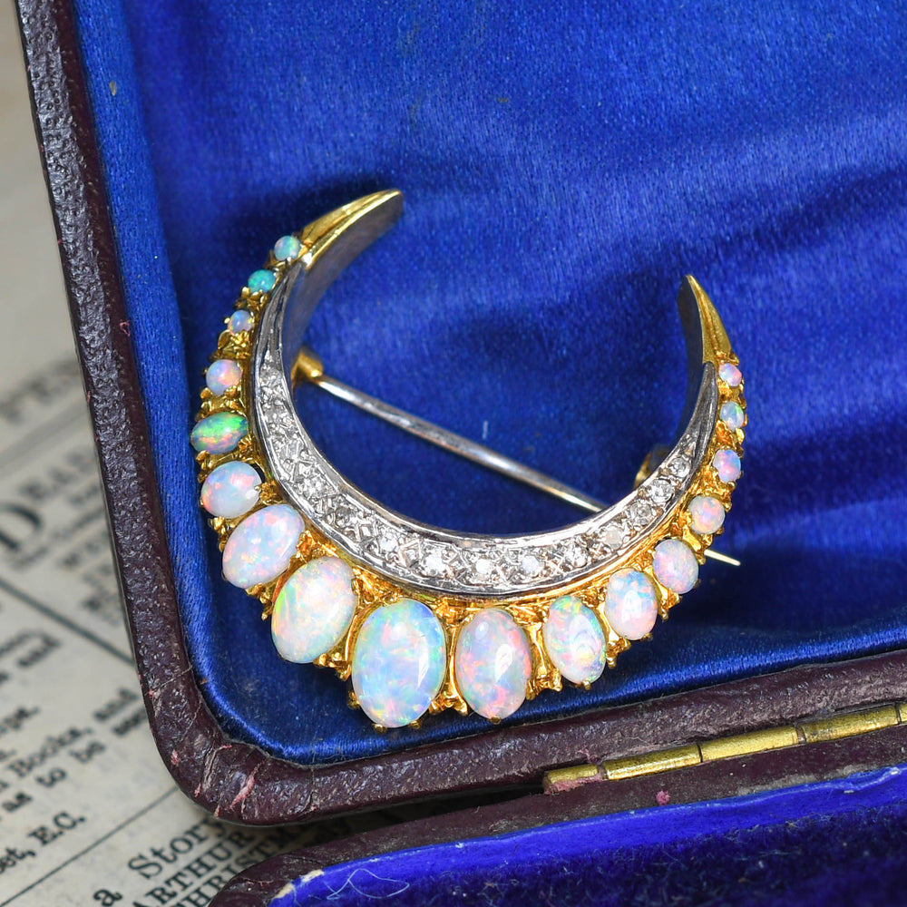 Late Victorian Opal & Diamond Crescent Brooch