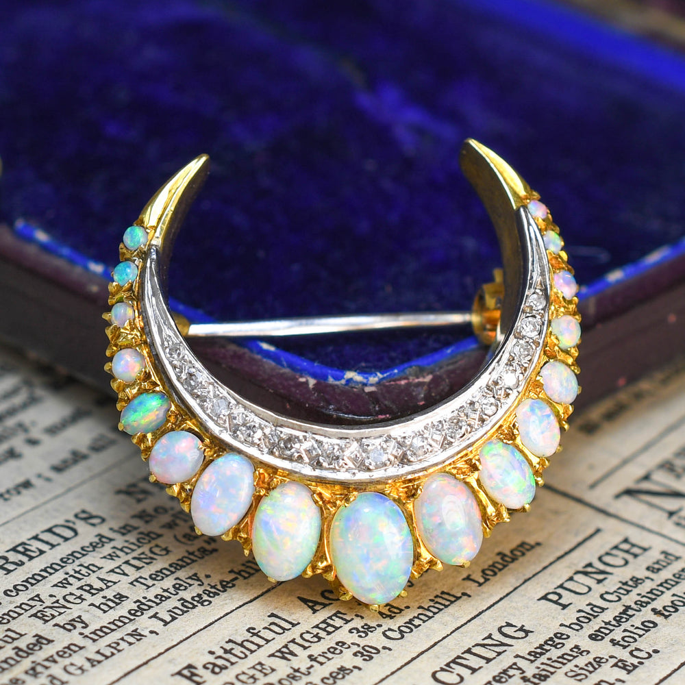 Late Victorian Opal & Diamond Crescent Brooch