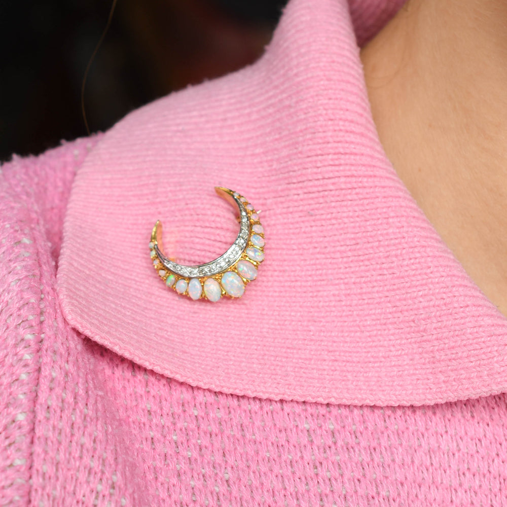 Late Victorian Opal & Diamond Crescent Brooch