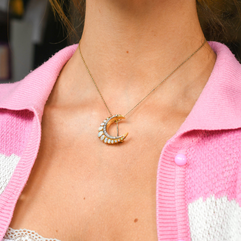 Late Victorian Opal & Diamond Crescent Brooch